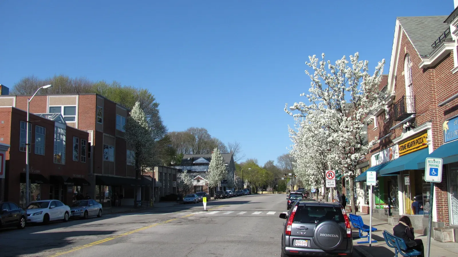 Belmont Center shops along Leonard Street with spring blossoms, Belmont, Massachusetts