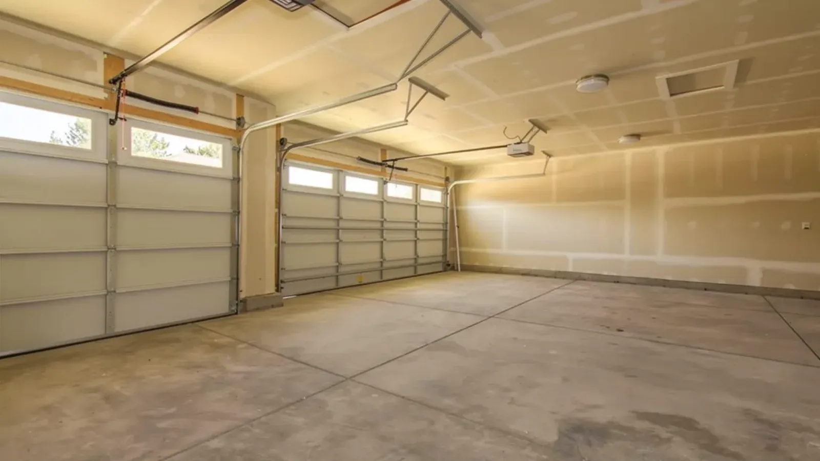 Two-bay garage with the walls and ceiling drywalled and taped, overhead doors closed and a bare concrete floor