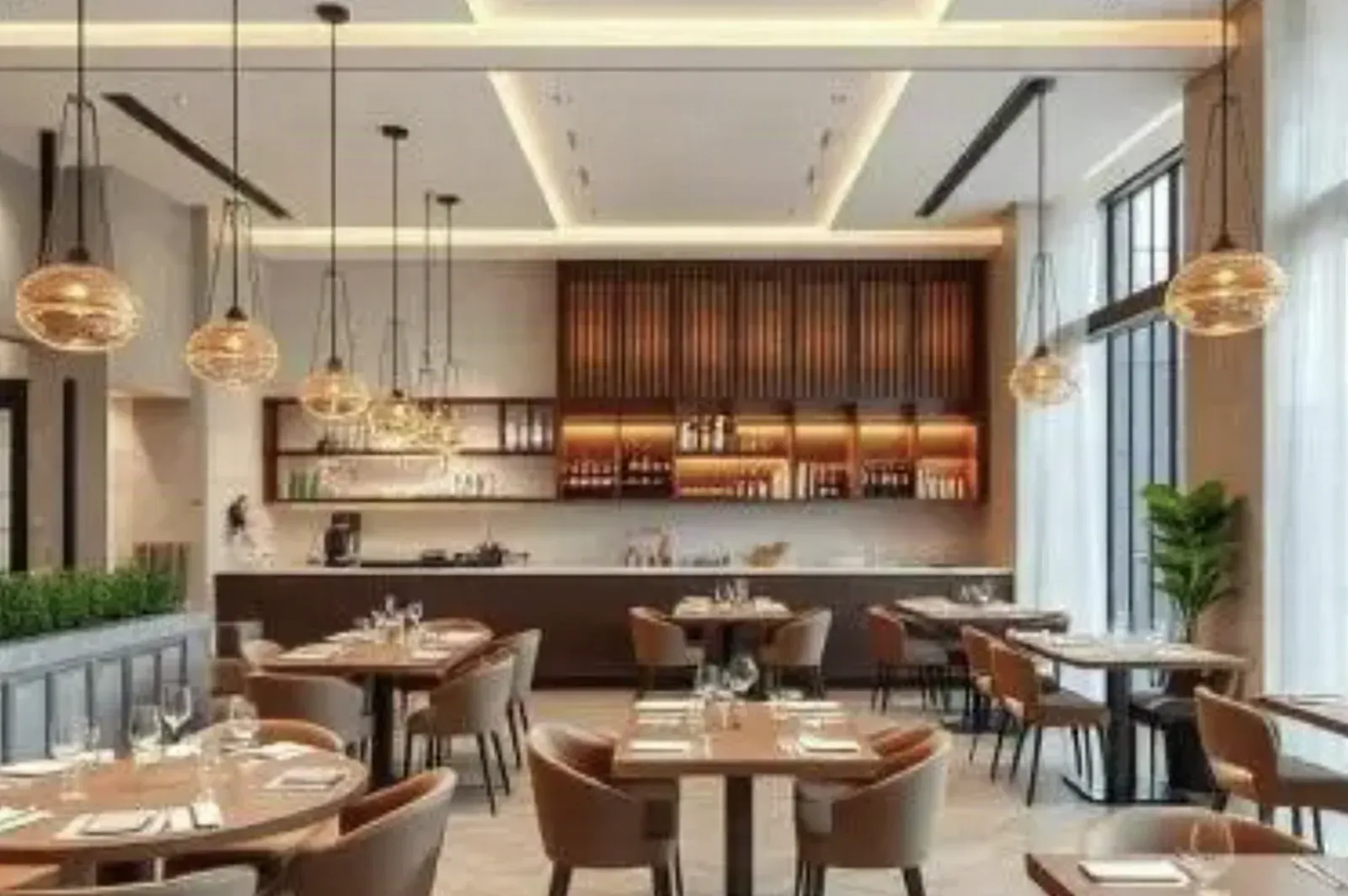 Restaurant dining room with a cove-lit tray ceiling, a bar back-shelf of bottles, globe pendant lights, and a herringbone wood floor